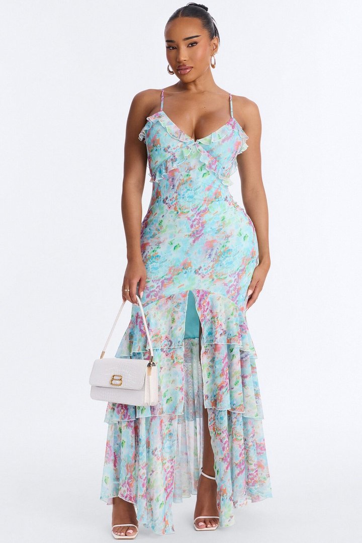Dylan Ruffle Floral Mesh Maxi Dress - Blue/combo