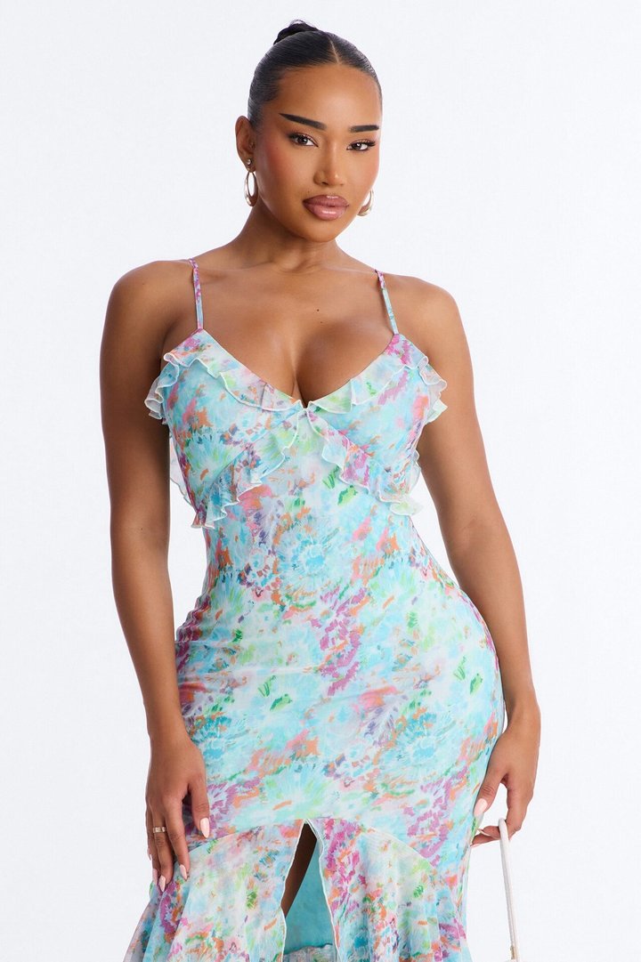 Dylan Ruffle Floral Mesh Maxi Dress - Blue/combo