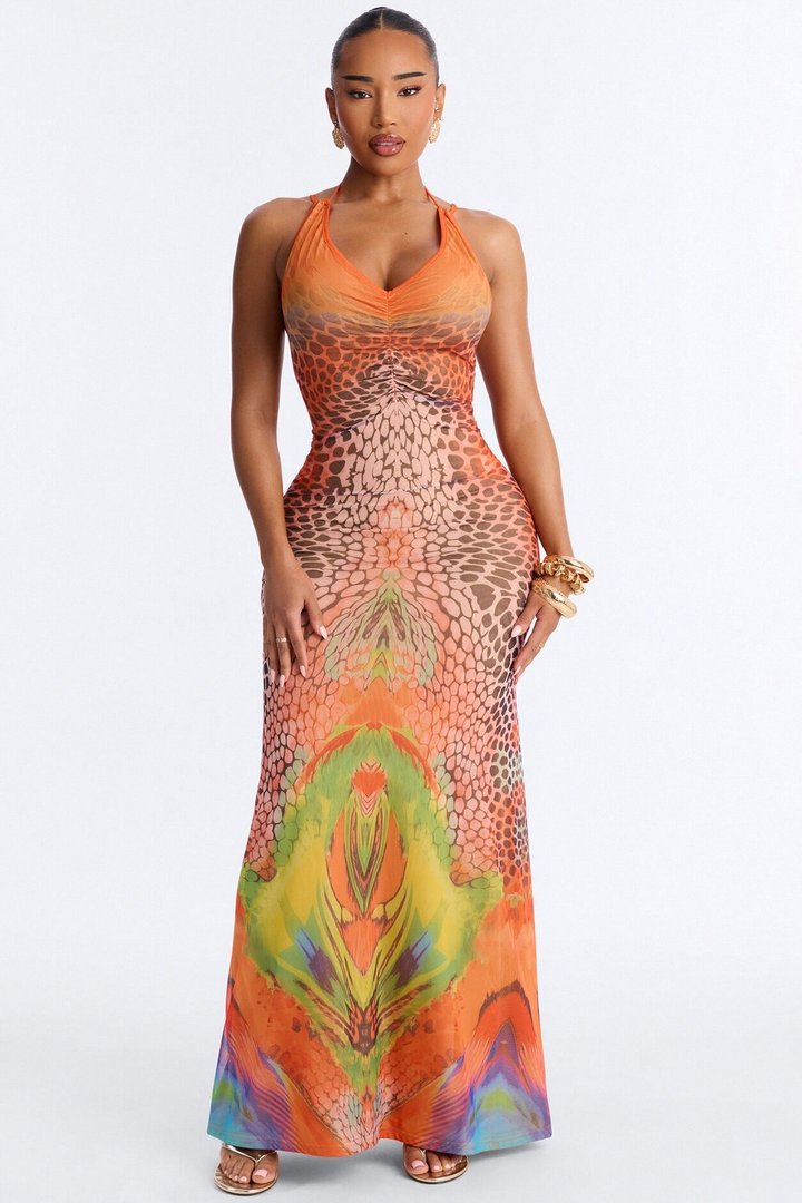 Beach Club Strappy Mesh Maxi Dress - Orange/combo