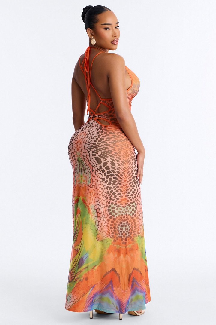 Beach Club Strappy Mesh Maxi Dress - Orange/combo