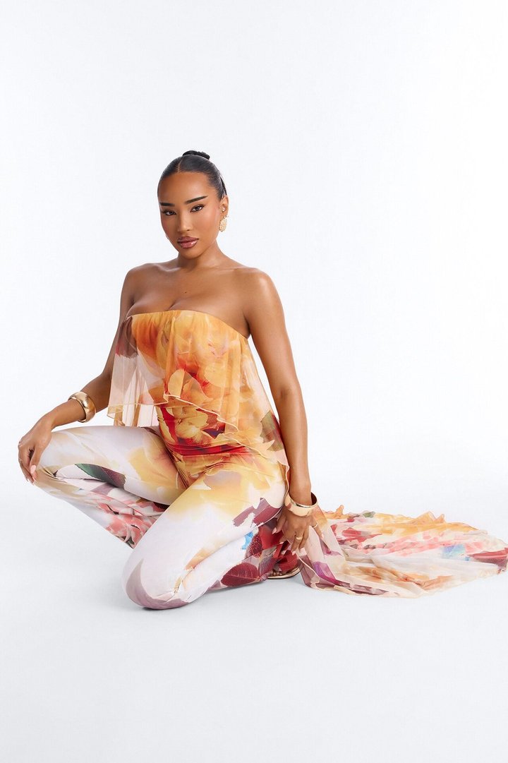 Steph Draped Floral Strapless Jumpsuit - Yellow