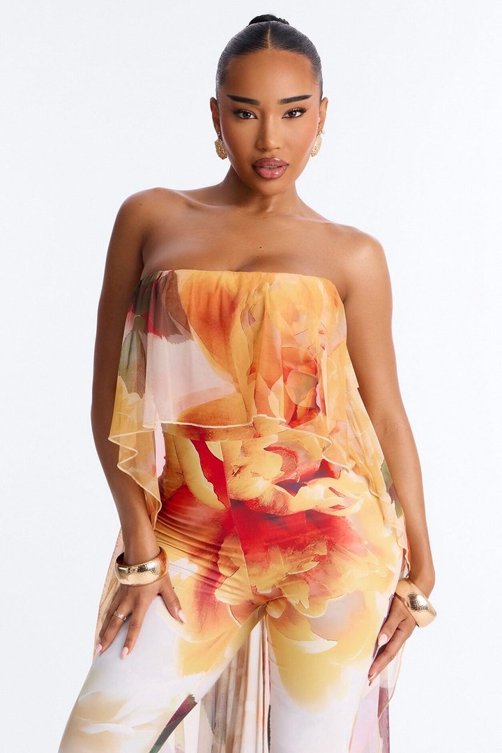 Steph Draped Floral Strapless Jumpsuit - Yellow