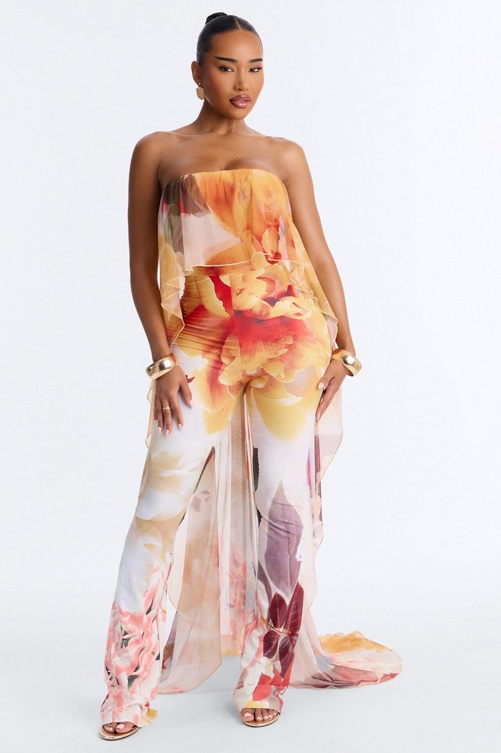 Steph Draped Floral Strapless Jumpsuit - Yellow
