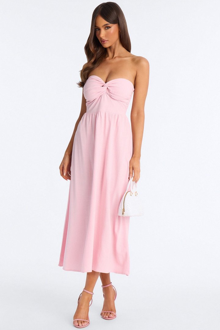 Marilyn Strapless Twist Midi Dress - Pink