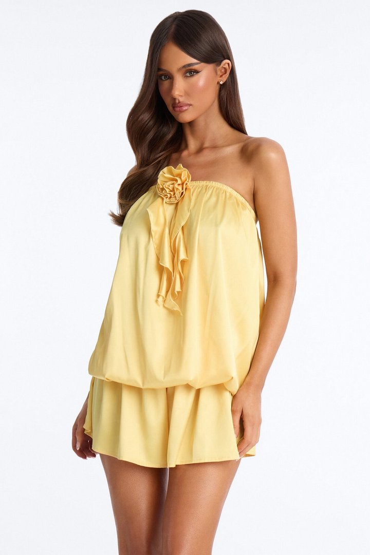 Summer Rose Satin Romper - Butter Yellow