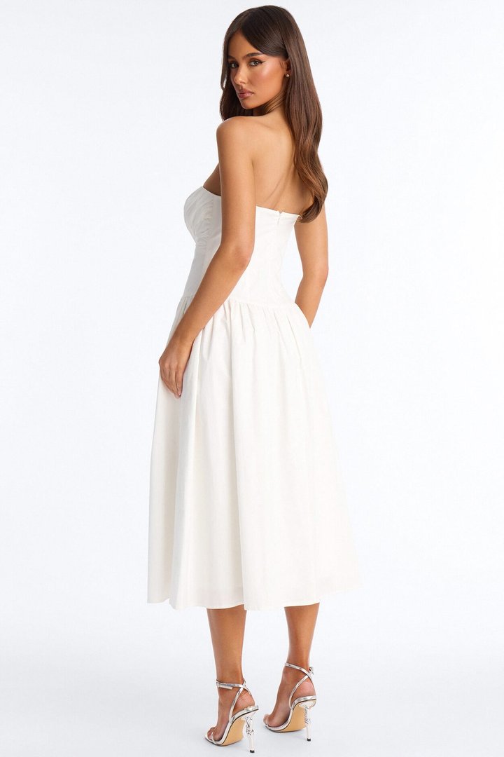 Jana Strapless Pleated Midi Dress - White