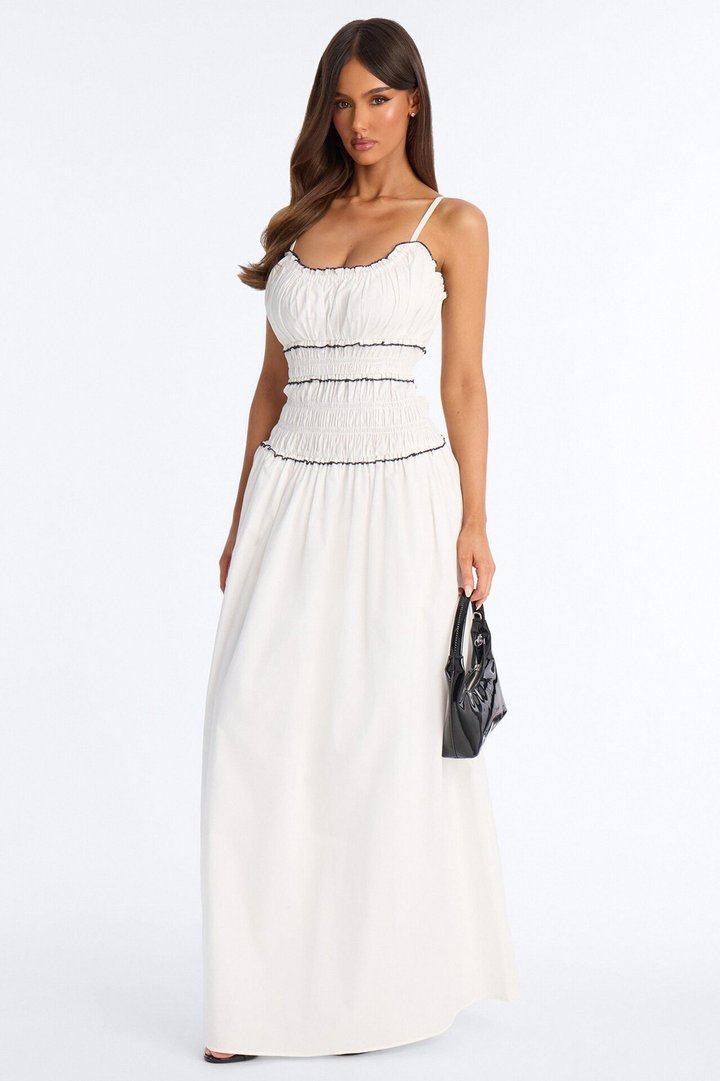 Coastal Breeze Ruched Maxi Dress - White/Black