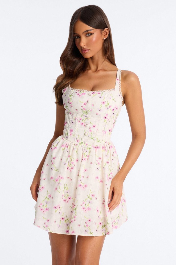 Madison Lace Trim Floral Mini Dress - Pink