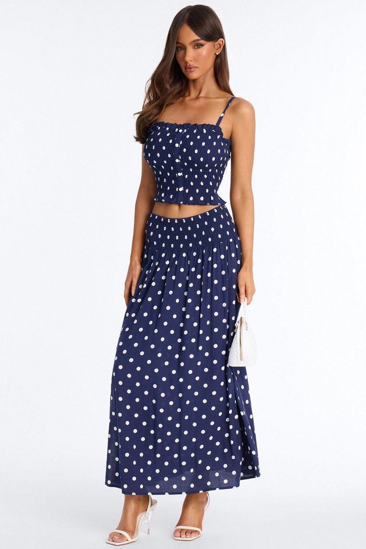 Sasha Satin Polka Dot Maxi Skirt Set - Navy/combo