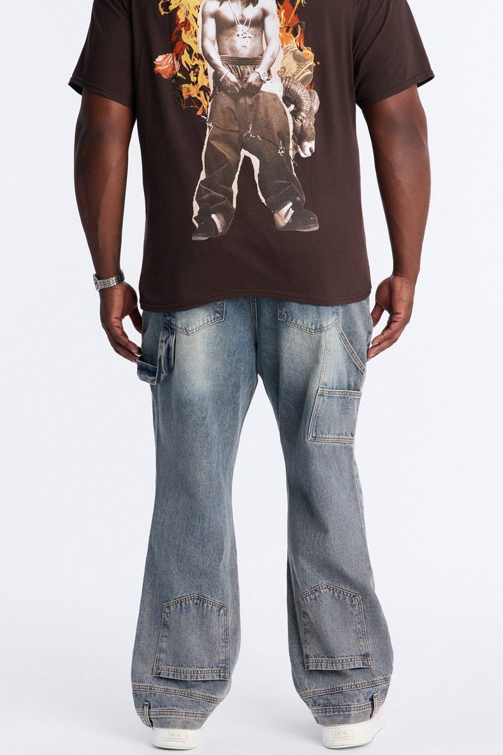 Straight Flare Upside Down Hem Jeans - Vintage Blue Wash