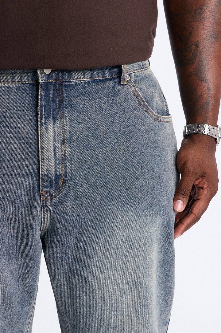 Straight Flare Upside Down Hem Jeans - Vintage Blue Wash