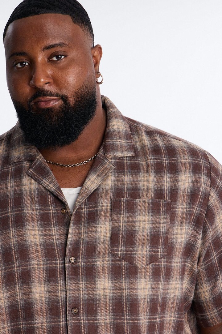 Your Weekend Plaid Cuban Collar Button Up Shirt - Brown