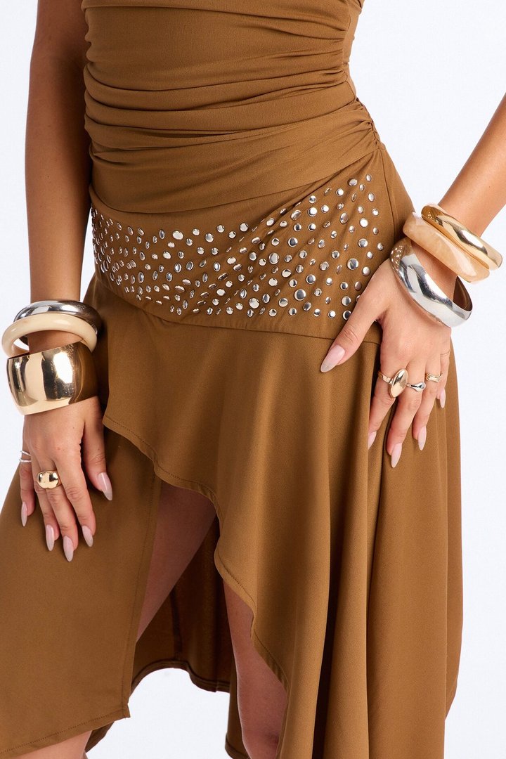 Hallie Studded Asymmetrical Midi Dress - Brown