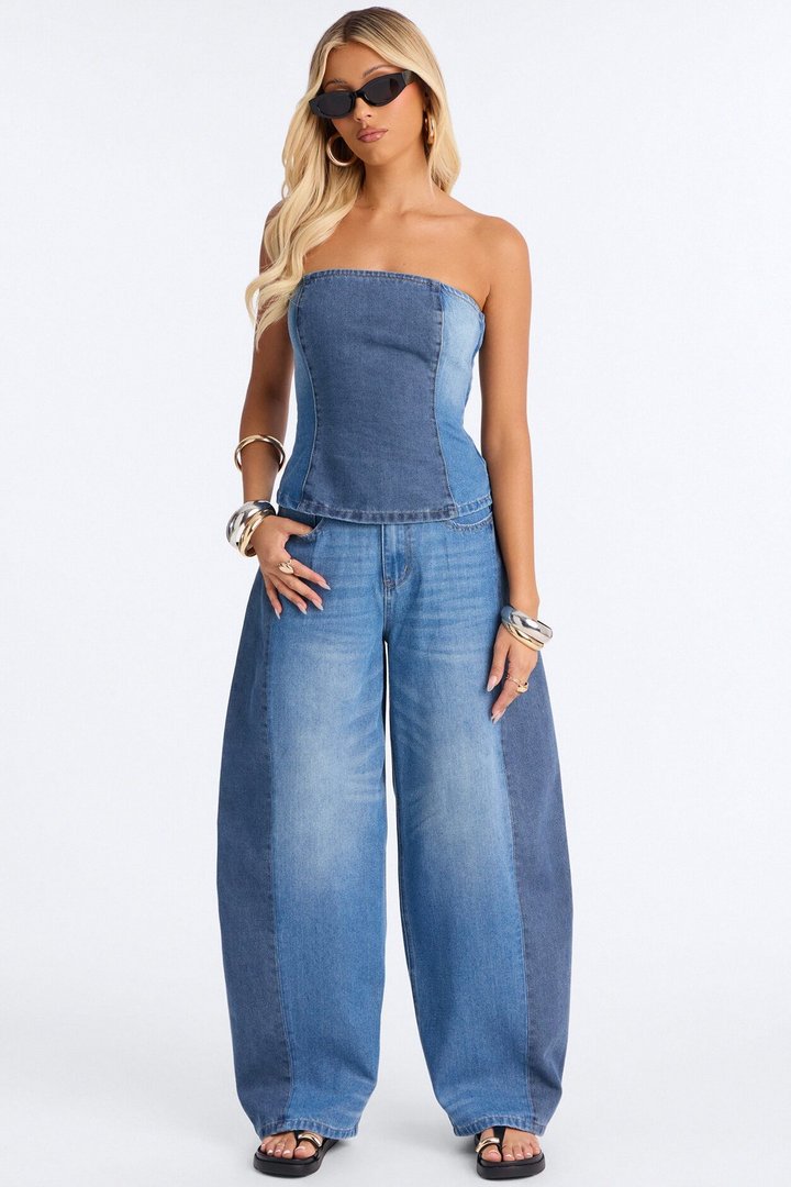 Karla Strapless Denim Pant Set - Medium Wash