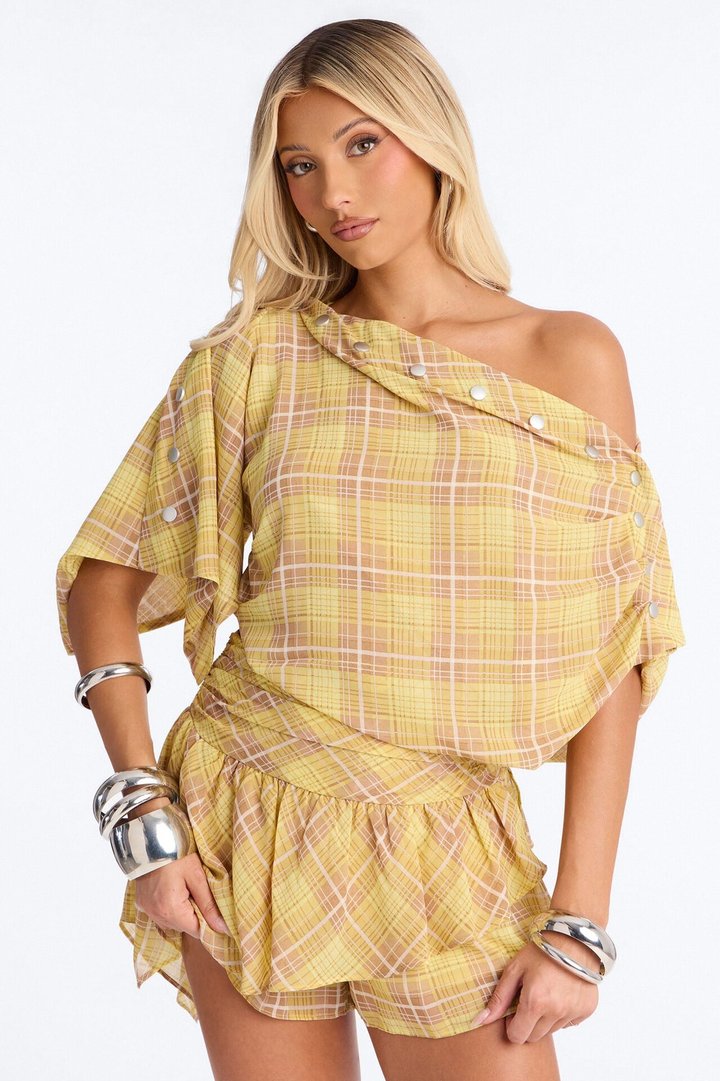 Come Closer Plaid One Shoulder Skirt Set - Yellow/combo