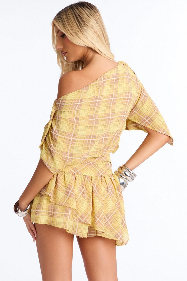 Come Closer Plaid One Shoulder Skirt Set - Yellow/combo