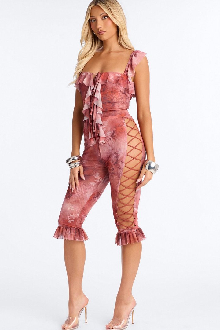 Rosalie Ruffled Mesh Capri Set - Marsala