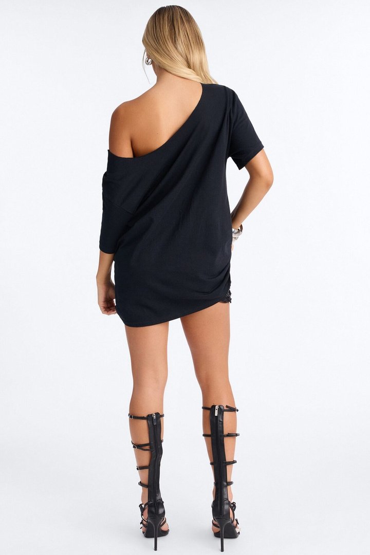 Gold Lips Off Shoulder Tee - Black