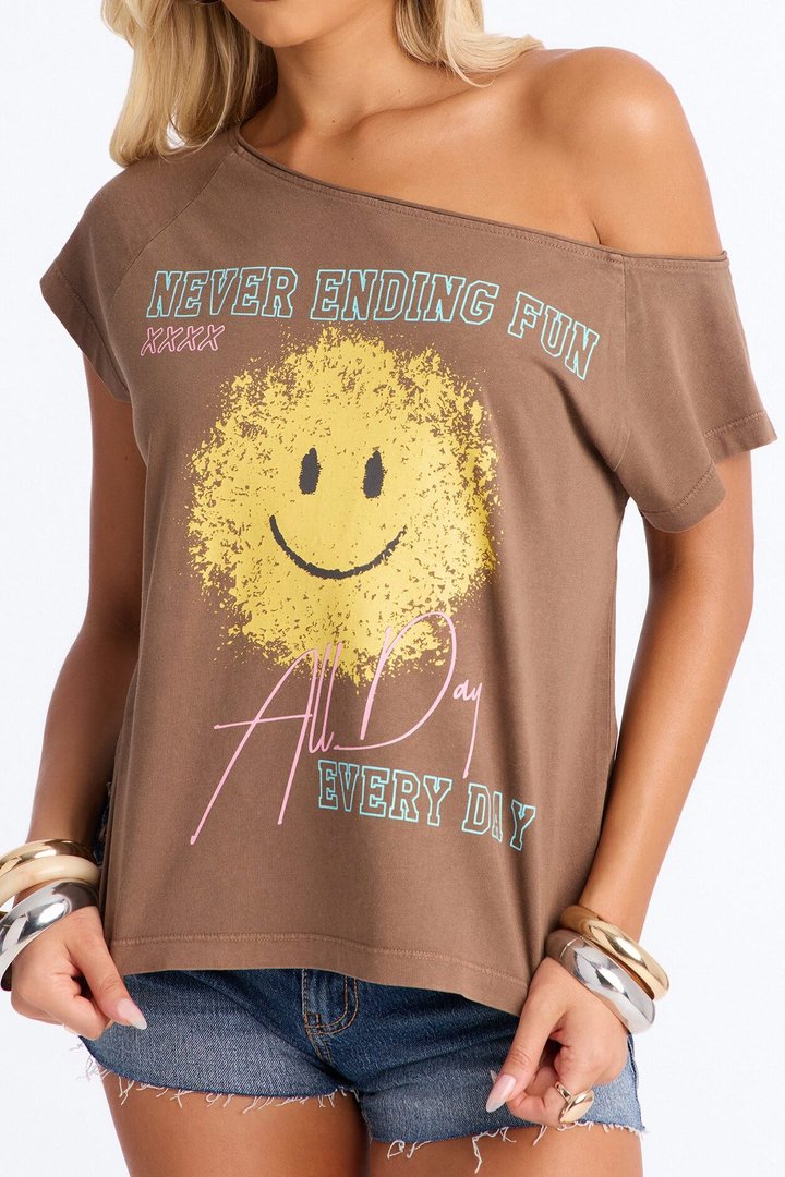 Smiley Face Off Shoulder Tee - Brown