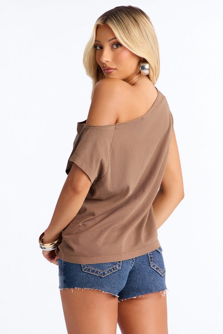Smiley Face Off Shoulder Tee - Brown