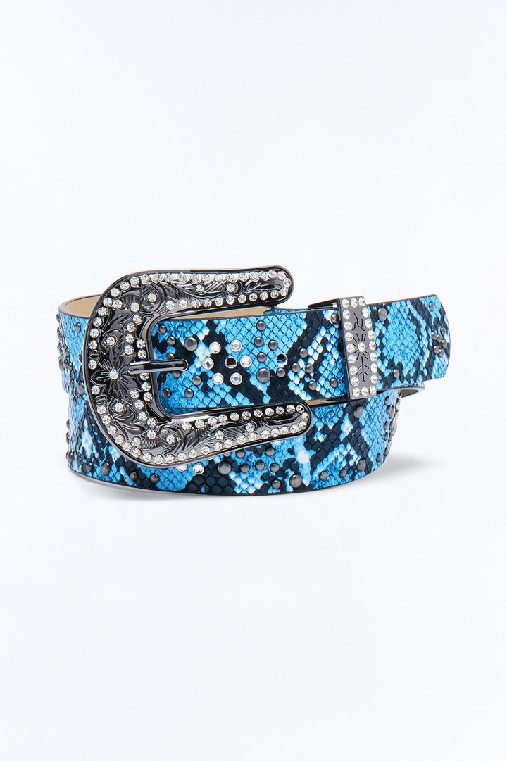 Rhinestone Embellished Snake Western Buckle Belt - Blue