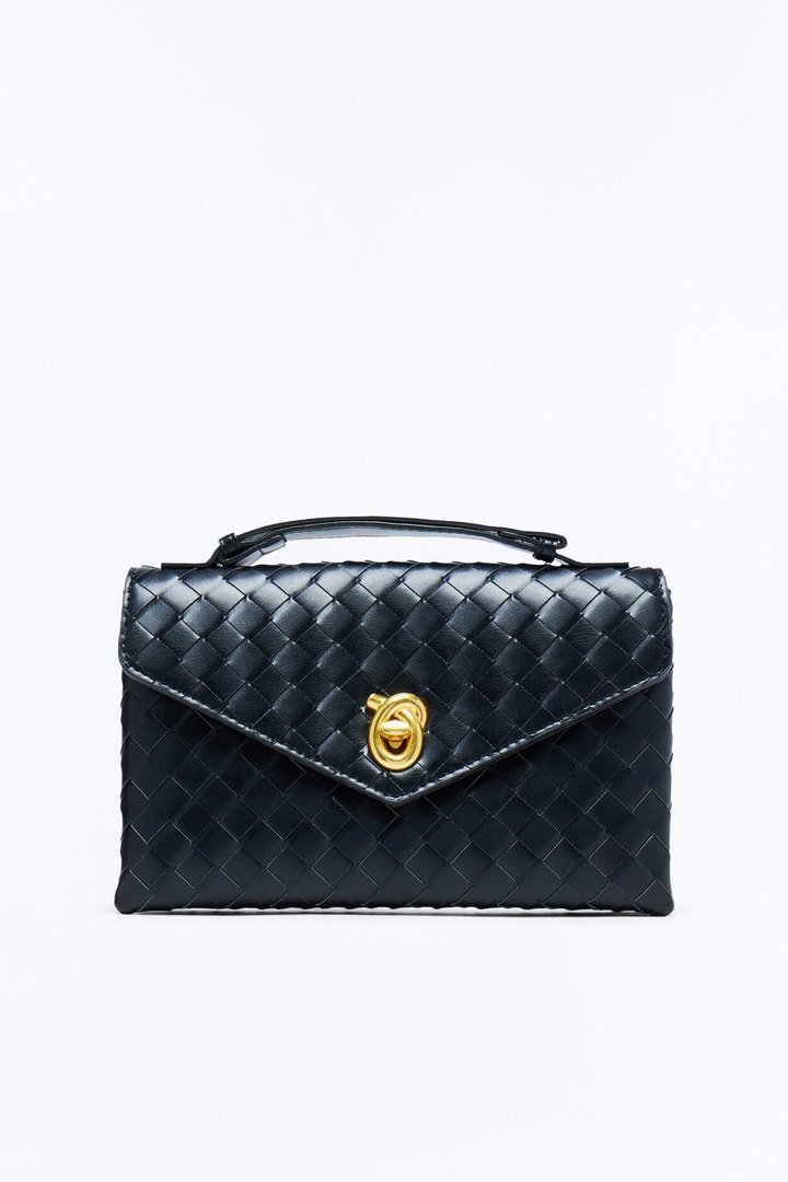 In The Statement Woven Faux Leather Clutch - Black