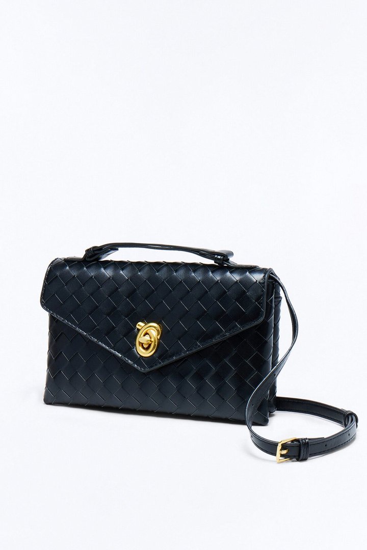 In The Statement Woven Faux Leather Clutch - Black