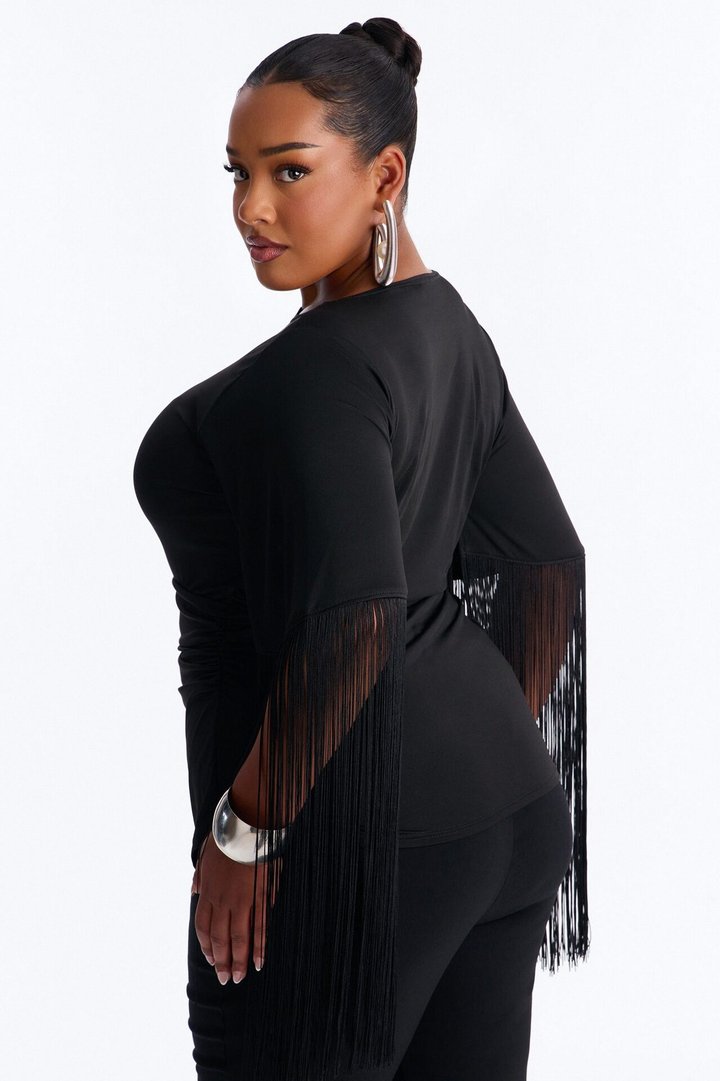 Gia Fringe Trim Short Sleeve Top - Black