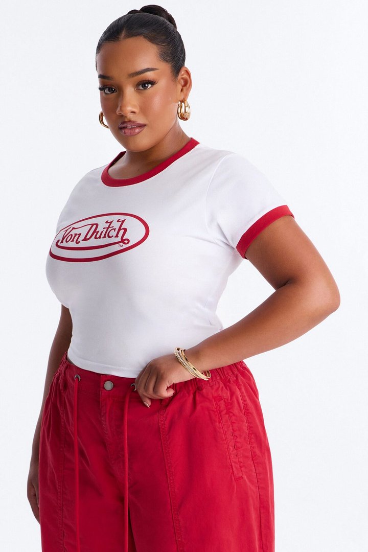 Von Dutch Rocker Ringer Cropped Tee - White