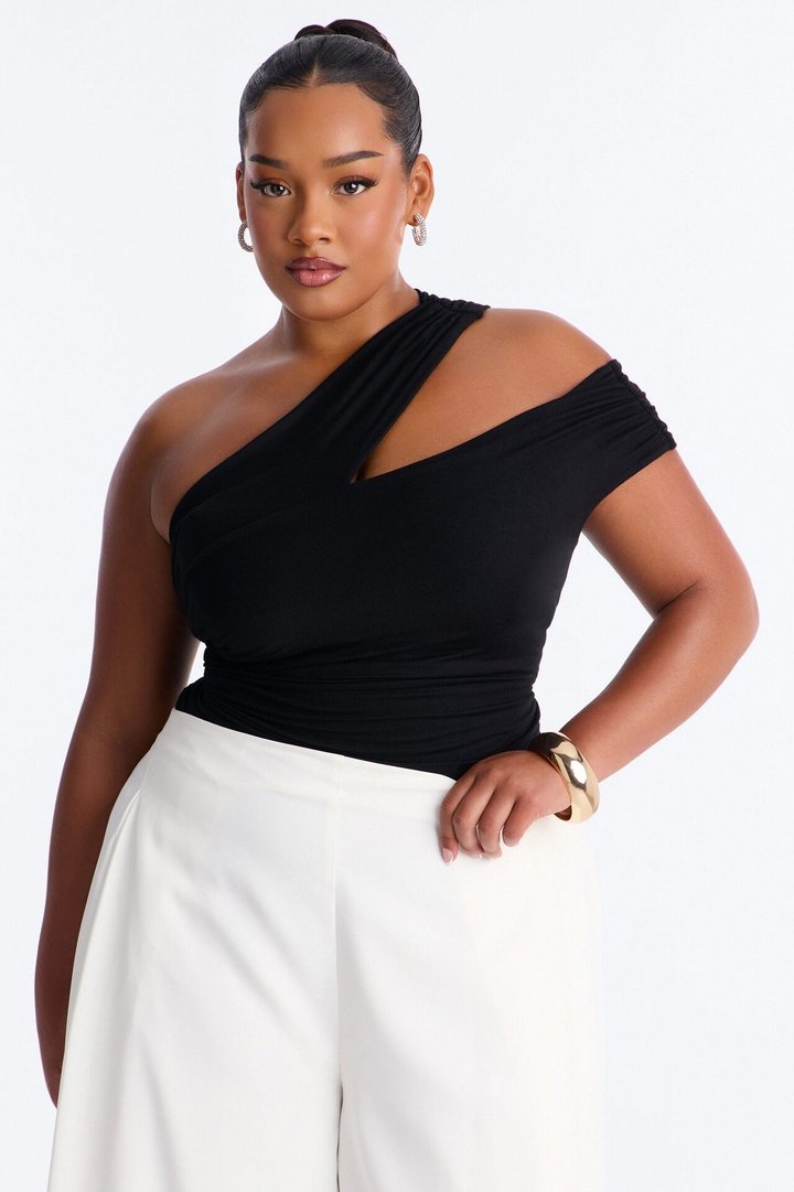 Been Here Before Ruched One Shoulder Bodysuit - Black