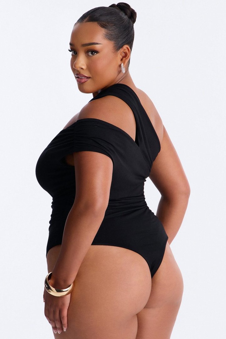 Been Here Before Ruched One Shoulder Bodysuit - Black