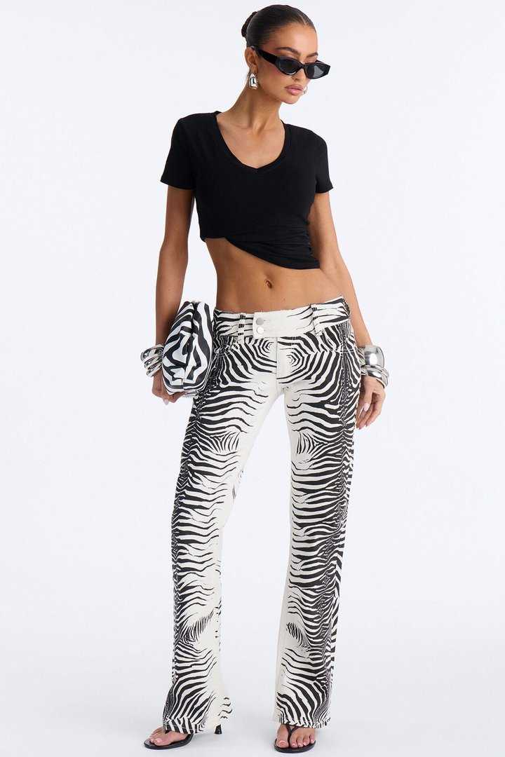 Exotic Taste Low Rise Printed Flare Jeans - White/Black