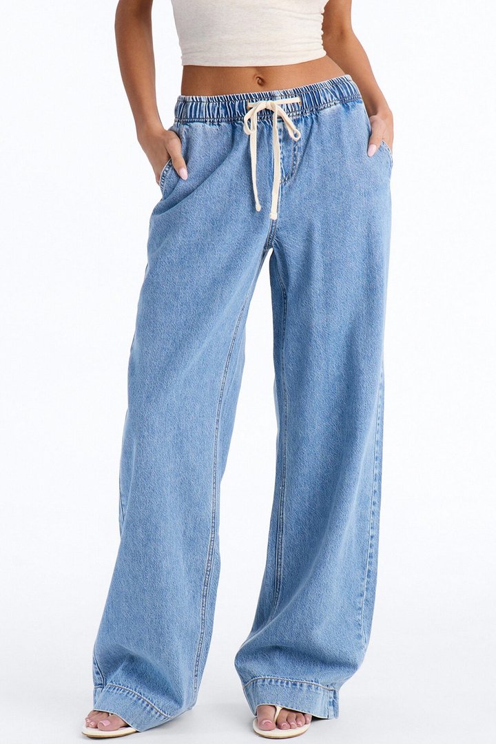 Resort Life Drapey Tie Waist Jeans - Light Wash