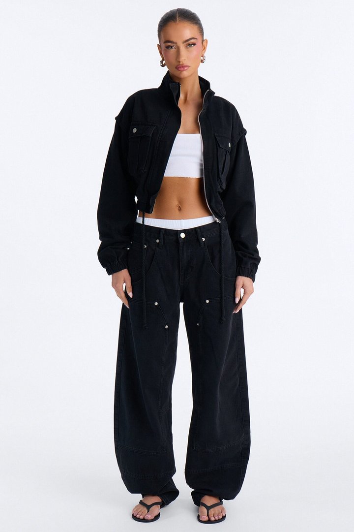 Living On Edge Cropped Denim Bomber Jacket - Black Wash