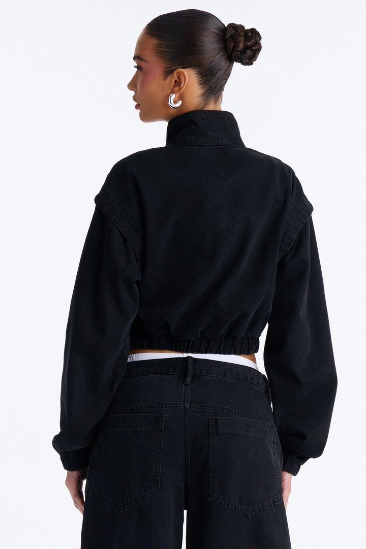 Living On Edge Cropped Denim Bomber Jacket - Black Wash