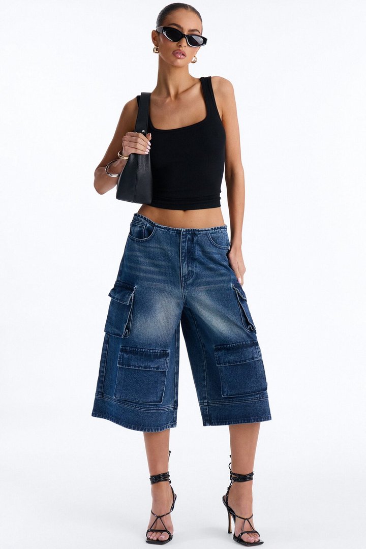 Night Shift Cargo Denim Jorts - Dark Wash