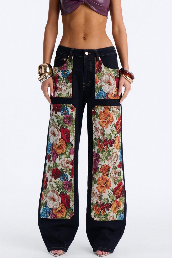 Heirloom Bloom Tapestry Utility Straight Leg Jeans - Dark Denim