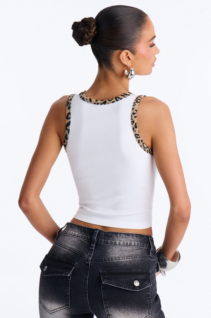 Cheetah Lips Ribbed Tank Top - White/combo