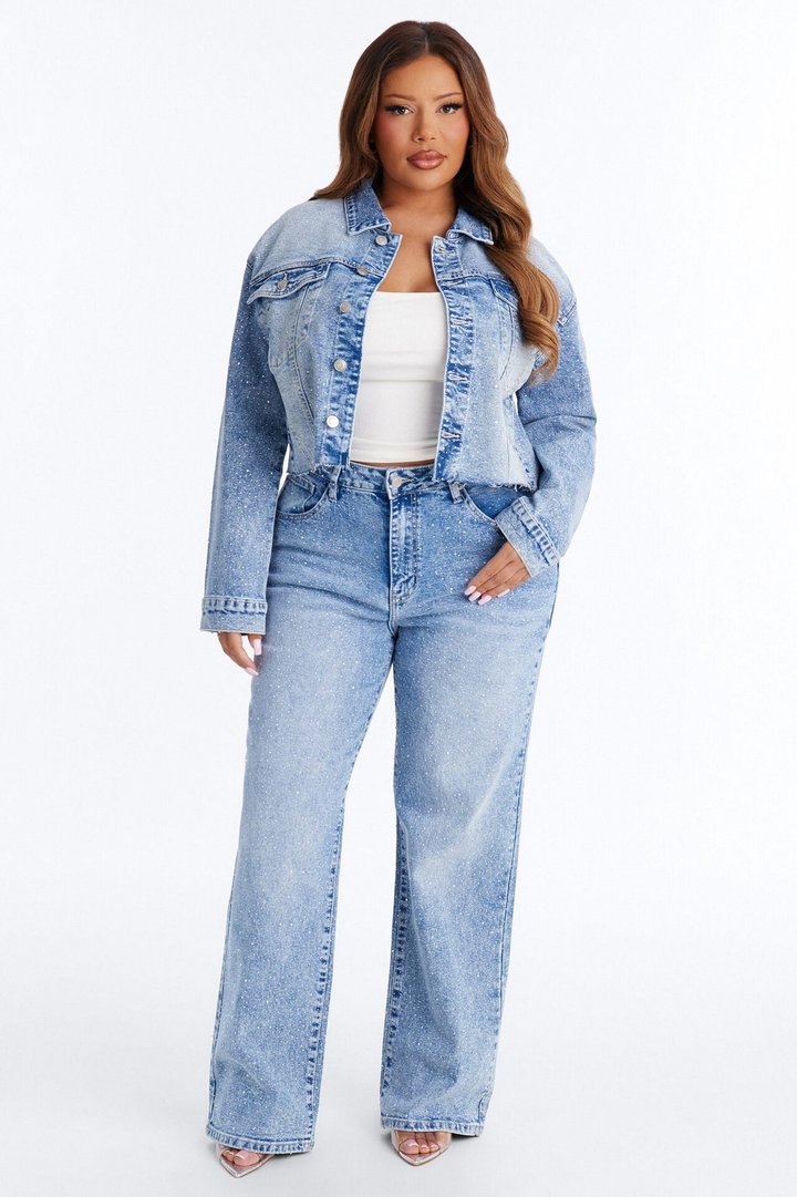 Spotlight Status Rhinestone Denim Pant Set - Light Wash