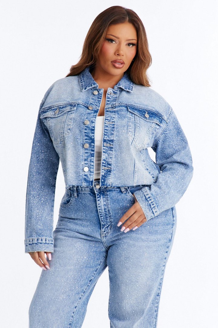 Spotlight Status Rhinestone Denim Pant Set - Light Wash