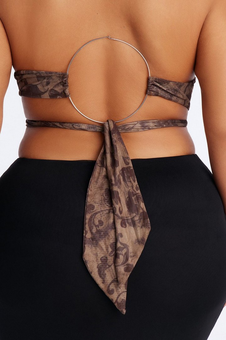 Remember Last Night Cut Out Mesh Hardware Halter Top - Brown/combo