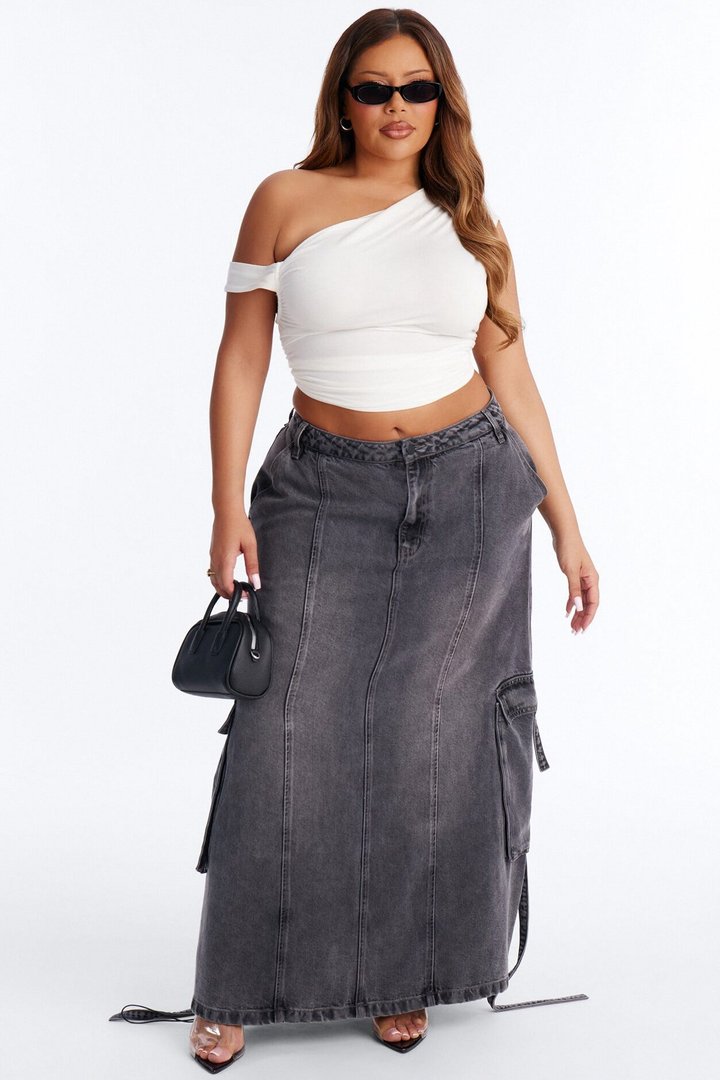 Cool Girl Low Rise Denim Cargo Jogger Maxi Skirt - Charcoal