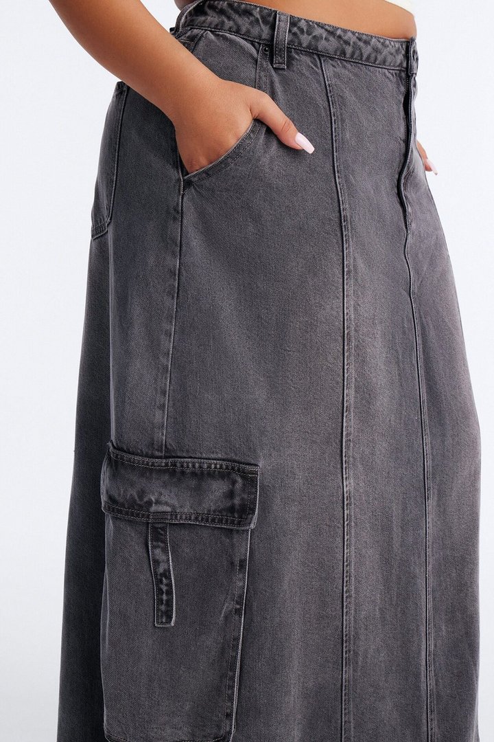 Cool Girl Low Rise Denim Cargo Jogger Maxi Skirt - Charcoal