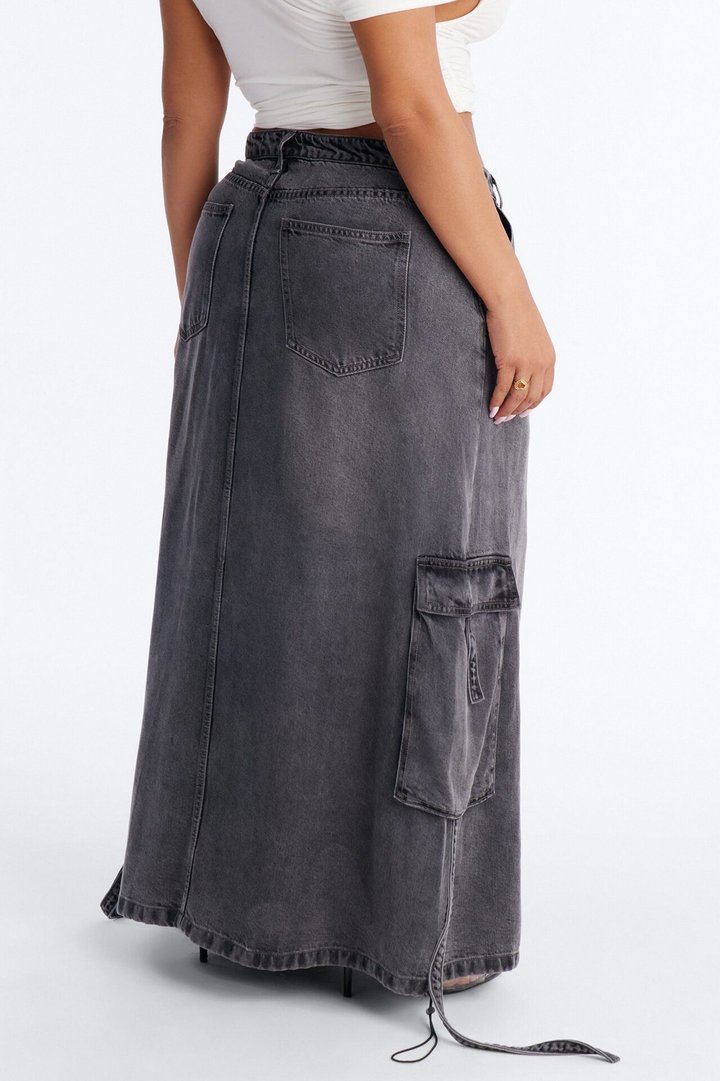 Cool Girl Low Rise Denim Cargo Jogger Maxi Skirt - Charcoal
