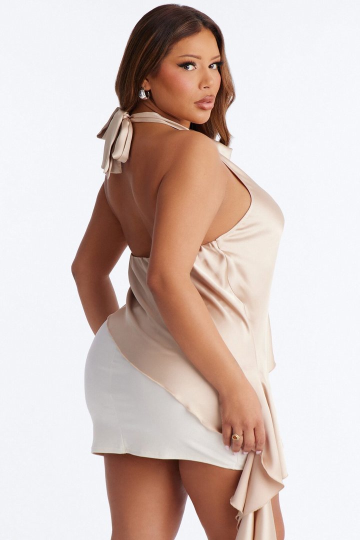This Is The Look Asymmetrical Ruffle Satin Halter Top - Champagne