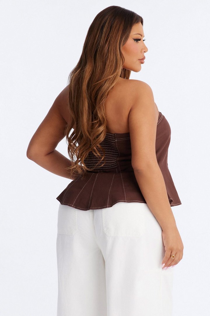 Treat Me Better Peplum Linen Top - Chocolate