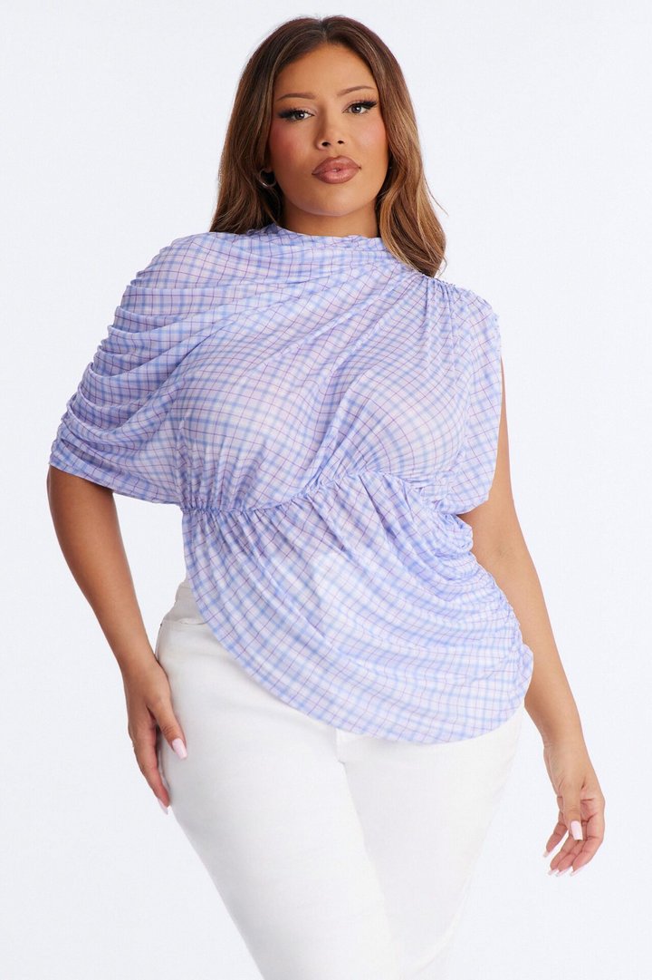 Picnic Date Plaid Mesh Ruched Short Sleeve Top - Lavender/combo