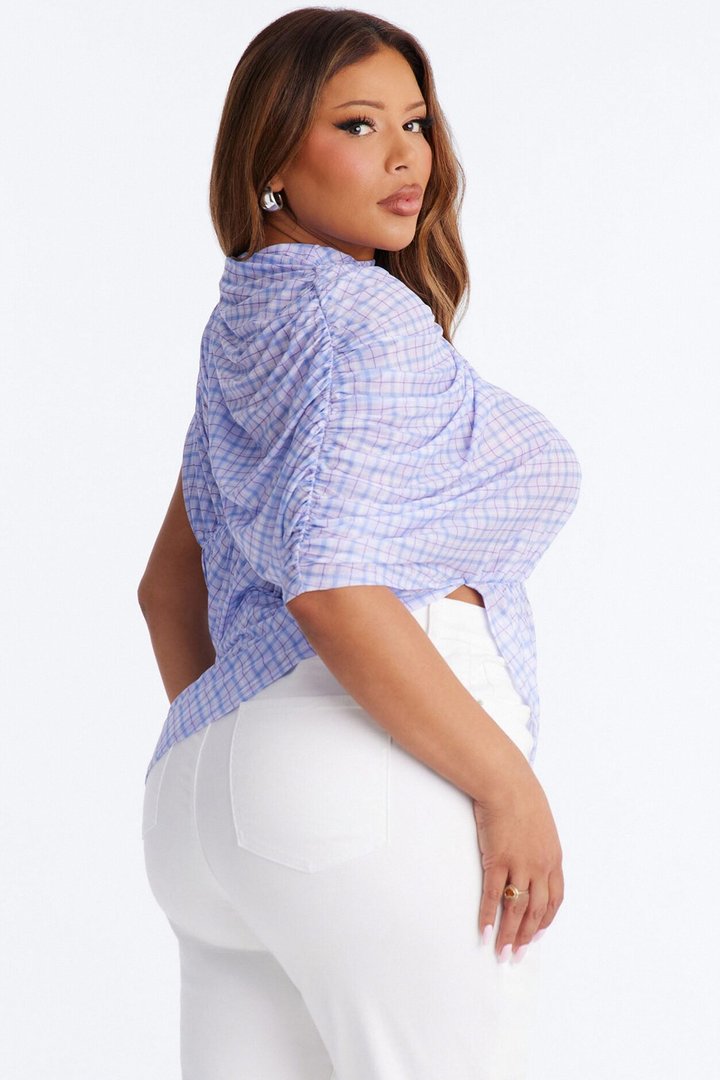 Picnic Date Plaid Mesh Ruched Short Sleeve Top - Lavender/combo