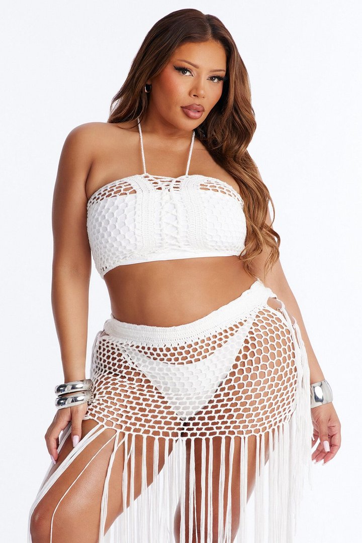 Gemma Lace Up Fringe Trim Swim Cover Up Skirt - White