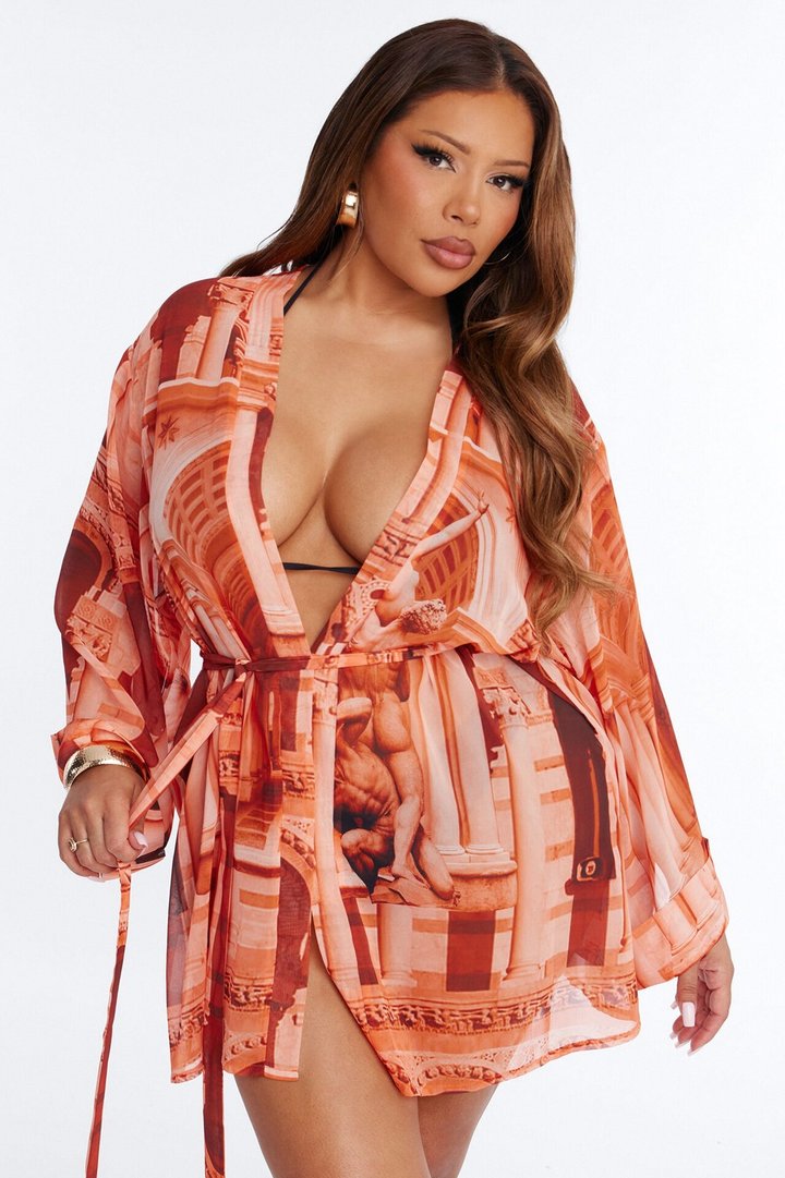 Enjoy The Waves Novelty Swim Cover Up Kimono - Orange